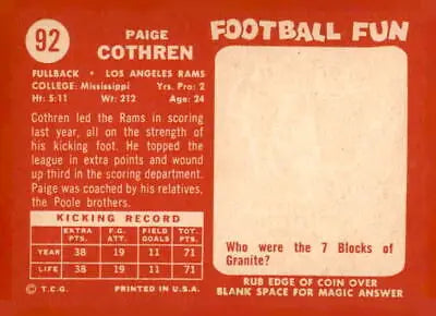 Vintage sports trading card featuring Paige Cothren from the 1958 Topps series