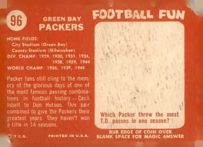 Vintage Green Bay Packers card back from 1958 Topps trading card set EX-MT condition