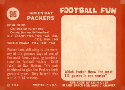 Vintage Green Bay Packers card from 1958 Topps #96 in excellent condition