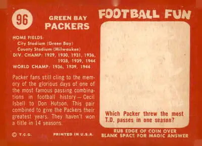 Vintage Green Bay Packers card from 1958 Topps #96 showcasing Green Bay Packers memorabilia
