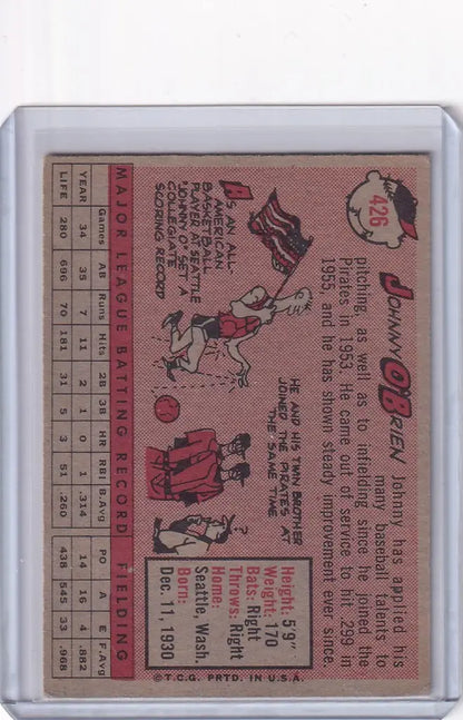 Vintage Topps Baseball trading card of Johnny O’Brien from the Pittsburgh Pirates