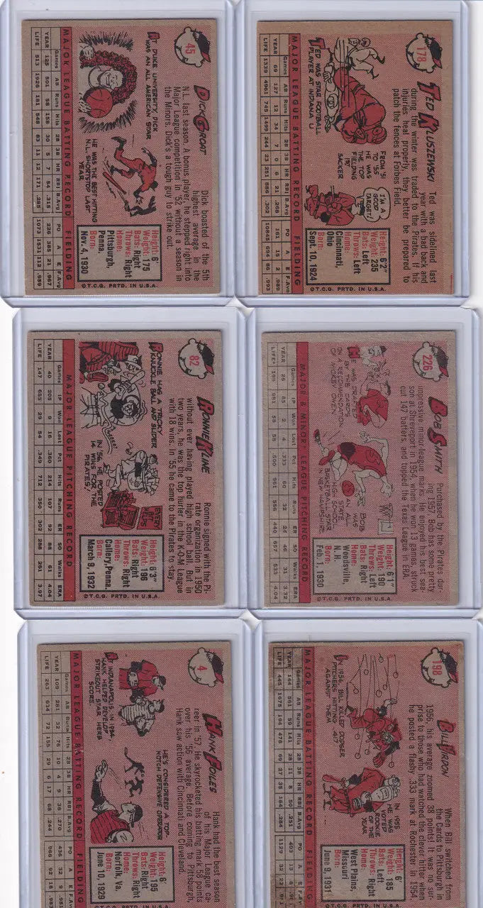 Vintage baseball cards in a grid, featuring Pittsburgh Pirates Team Set with Clemente