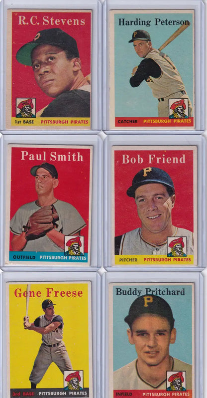 Vintage 1958 Topps baseball cards featuring Pittsburgh Pirates team players and Clemente