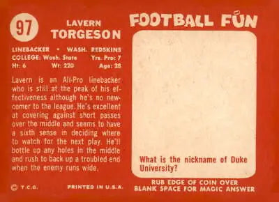 Vintage 1958 Topps Card #97 featuring NFL player Torgy Torgeson in EX-MT condition