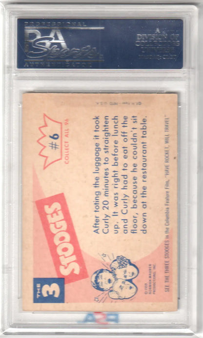 Graded Three Stooges trading card showing Hey Moe from 1959 Fleer collection in PSA 5.5