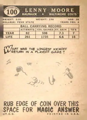 Vintage football card back of 1959 Topps Lenny Moore, Baltimore Colts trading card