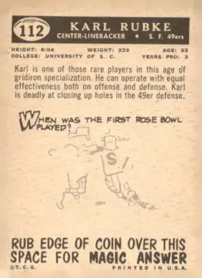 Vintage football card of Karl Rubke from the 1959 Topps series featuring San Francisco 49ers