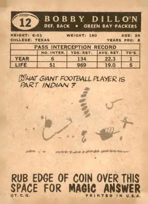 Vintage Bobby Dillon football card from 1959 Topps featuring Green Bay Packers player