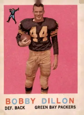 Vintage football card featuring Bobby Dillon of the Green Bay Packers from 1959 Topps