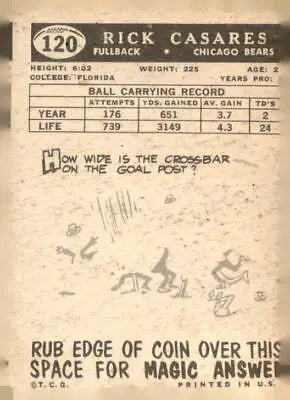 Vintage 1959 Topps Rick Casares football card featuring Rick Casares football memorabilia