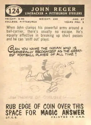 Vintage football card of John Reger from the Pittsburgh Steelers 1959 Topps series