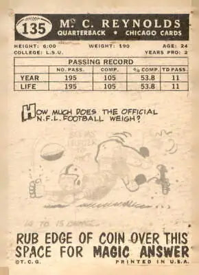 Vintage football card featuring 1959 Topps Chicago Cardinals M.C. Reynolds memorabilia