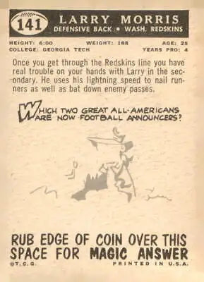 Vintage 1959 Topps Larry Morris Washington Redskins trading card for collectors