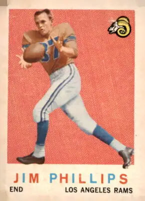 Vintage Jim Phillips football card featuring Jim Phillips Los Angeles Rams from 1959 Topps