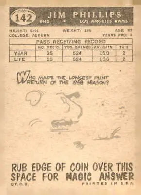 Vintage football card featuring Jim Phillips of the Los Angeles Rams from 1959 Topps