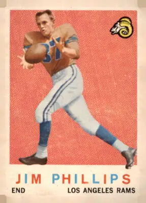 Vintage Jim Phillips football card featuring Los Angeles Rams from 1959 Topps #142