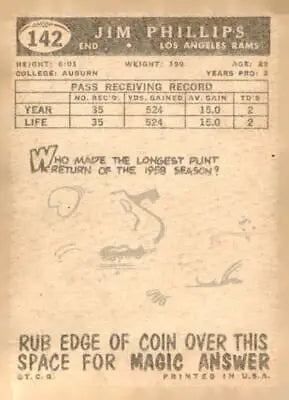 Vintage football card of Jim Phillips from the 1959 Topps #142 Los Angeles Rams