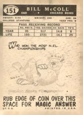 Vintage football card back featuring 1959 Topps Chicago Bears Bill McColl card
