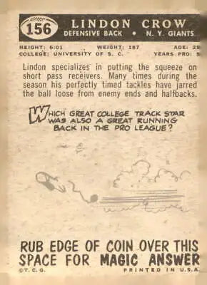 Vintage football card back of Lindon Crow from the New York Giants 1959 Topps #156