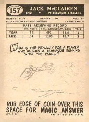 Vintage football card of Jack McClairen from the Pittsburgh Steelers 1959 Topps #157