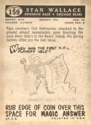 Vintage football card back featuring Stan Wallace of the Chicago Bears from 1959 Topps