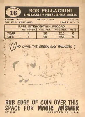 Vintage 1959 Topps Bob Pellegrini football card featuring Philadelphia Eagles memorabilia