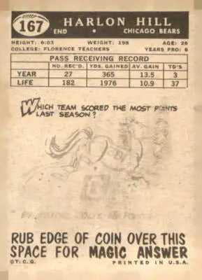 Vintage Harlon Hill football card from 1959 Topps #167 featuring Chicago Bears player