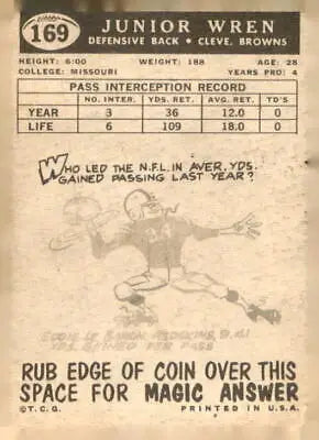 Vintage 1959 Topps Junior Wren football card featuring Junior Wren football memorabilia