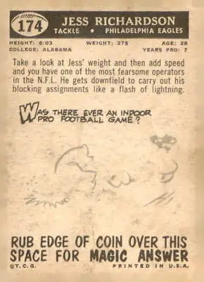 Vintage football card back of Jess Richardson from 1959 Topps Philadelphia Eagles product