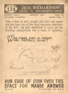 Vintage trading card of Jess Richardson from 1959 Topps #174 Philadelphia Eagles