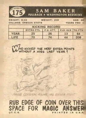 Vintage Sam Baker football card from 1959 Topps #175 featuring Sam Baker football player