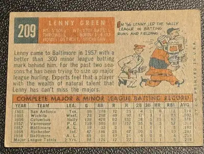 Vintage Lenny Green baseball card 209a Lenny Green 1959 Topps #209a Lenny