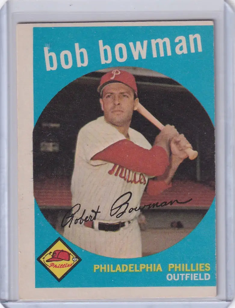 Vintage 1959 Topps Bob Bowman Philadelphia Phillies card featuring an outfielder batting