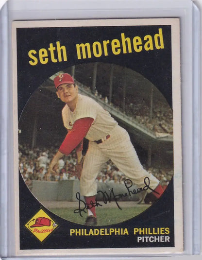 Vintage baseball card of Seth Morehead in throwing stance for Philadelphia Phillies