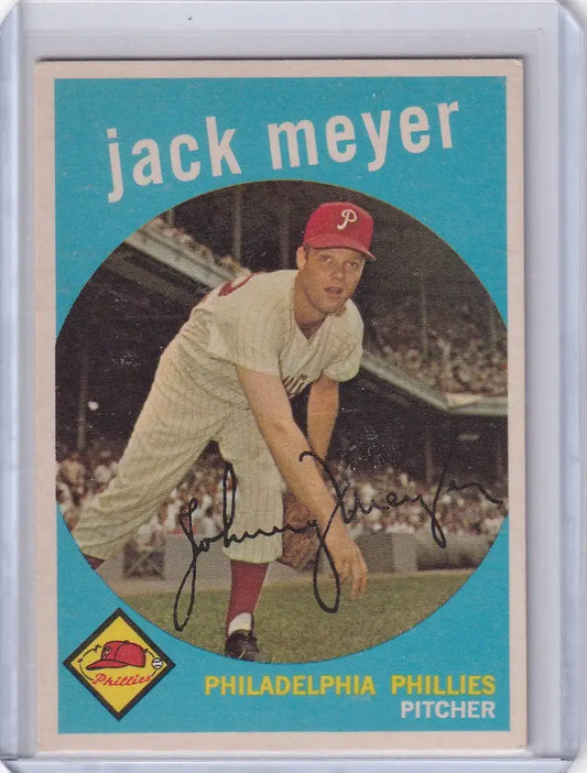 Vintage baseball card of Jack Meyer - Philadelphia Phillies pitcher in throwing stance