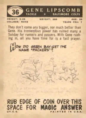 Vintage 1959 Topps Gene Lipscomb Baltimore Colts trading card featuring football memorabilia