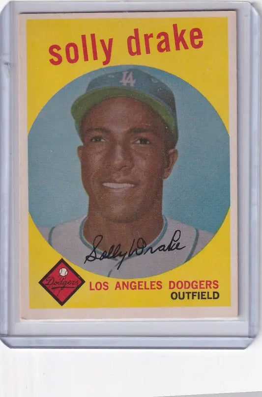 Vintage baseball card of Solly Drake, Los Angeles Dodgers outfielder from 1959