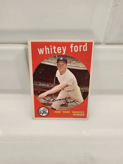 Vintage Whitey Ford baseball card from 1959 Topps series in excellent condition