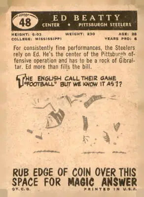 Vintage Ed Beatty football card from 1959 Topps #48 showcasing Pittsburgh Steelers collectible