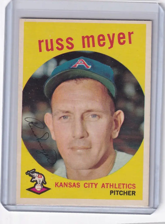 Vintage baseball card of Russ Meyer from the Kansas City Athletics 1959 Topps set
