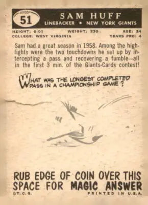 Vintage Sam Huff football card back from the 1959 Topps #51 York Giants collection