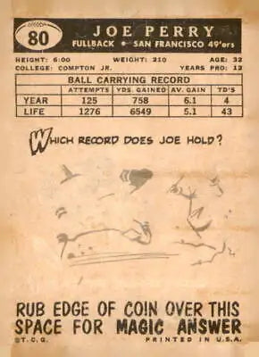 1959 Topps Joe Perry sports trading card showcasing a vintage football trading card