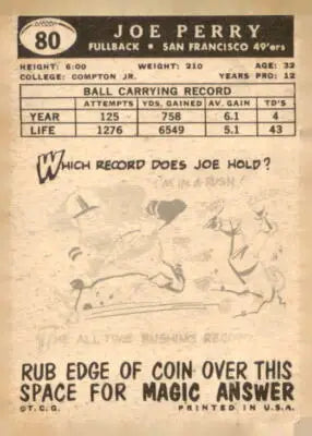 Joe Perry football card from 1959 Topps #80 featuring San Francisco 49ers player