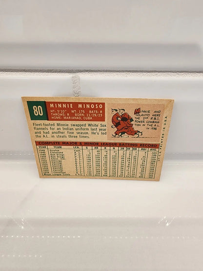 Vintage 1959 Topps Minnie Minoso baseball trading card in excellent condition