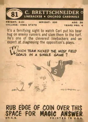 Vintage 1959 Topps Carl Brettschneider football card showcasing Carl Brettschneider football memorabilia