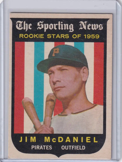 1959 Topps Baseball Rookie Stars card of Jim McDaniel from Pittsburgh Pirates holding bats