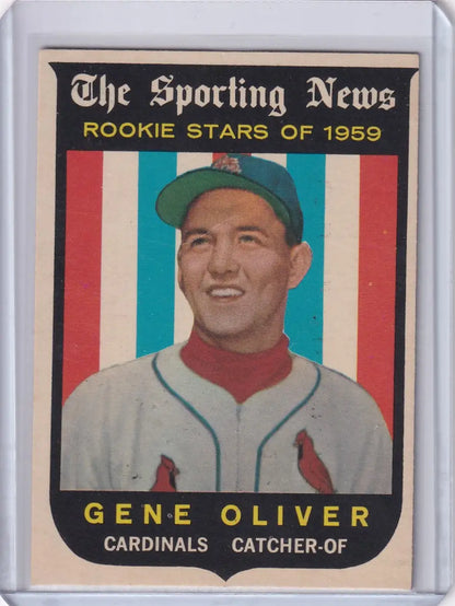 1959 Topps Baseball card of Gene Oliver smiling with the St. Louis Cardinals