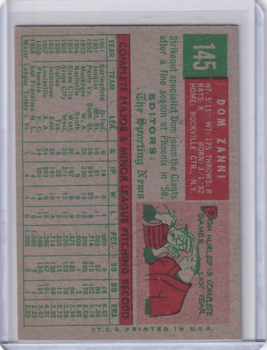 Vintage San Francisco Giants Dom Zanni 1959 Topps Baseball card for collectors