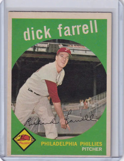 Vintage Topps Baseball card of Dick Farrell, Philadelphia Phillies pitcher in action
