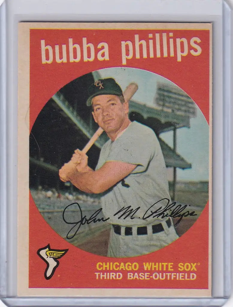 Vintage 1959 Topps Baseball card of Bubba Phillips in a Chicago White Sox batting stance